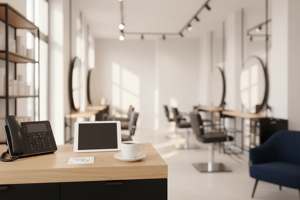 Empfangstresen eines Salons mit Telefon und Tablet im Morgenlicht