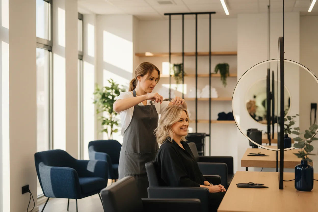 Stylistin schneidet einer Kundin am Spiegelplatz die Haare, heller Salon mit großen Fenstern