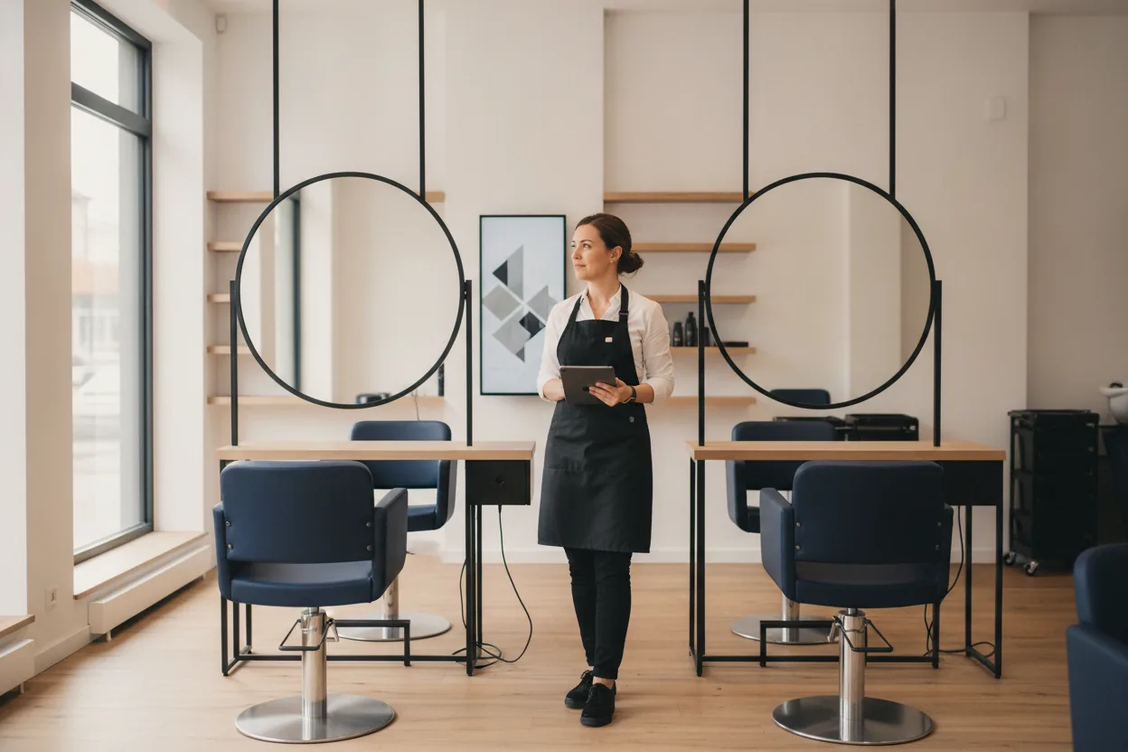 Saloninhaberin mit Tablet zwischen zwei Spiegelplätzen