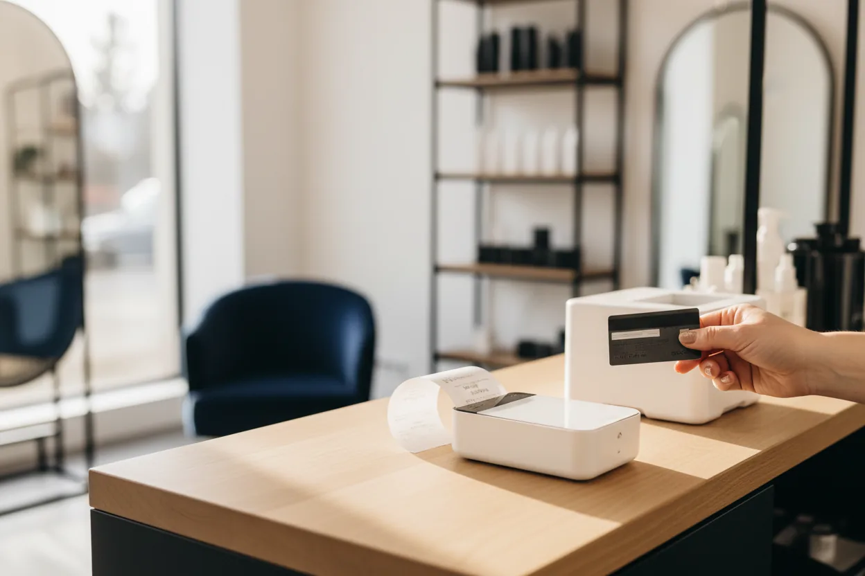 Kartenzahlung am Empfangstresen, Bon läuft aus dem Drucker