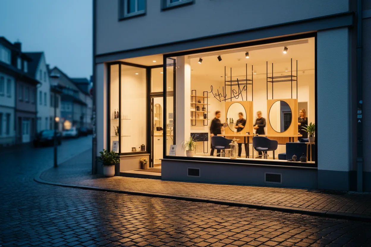 Kleiner Salon am Abend von der Straße aus gesehen, warmes Licht im Schaufenster